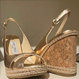 Jimmy Choo Gold Wedge Shoes with Metallic Finish
